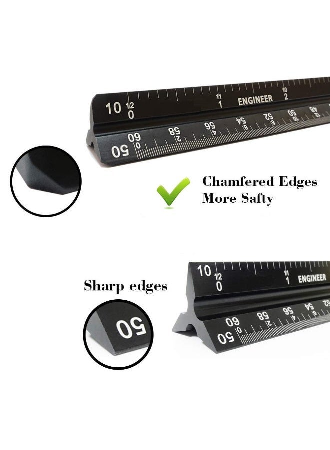 مقياس معماري، مقياس ثلاثي زوايا من الألومنيوم مقاس 1:20، 1:25، 1:50، 1:75، 1:100، 1:125، قياسي 12 بوصة للمهندسين والطلاب والرسامين - أسود - Image 2